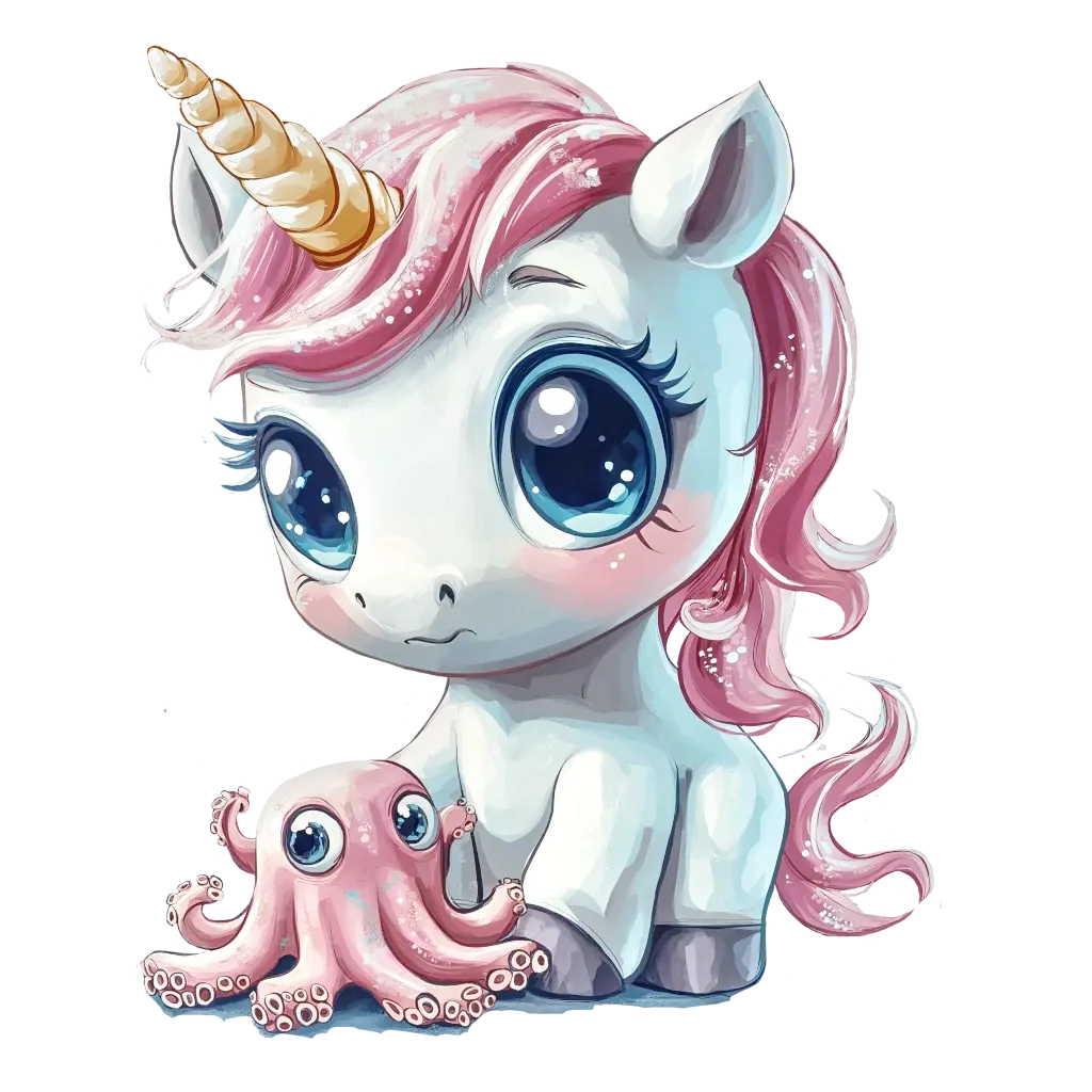 A young unicorn with a cute and cuddly octopus